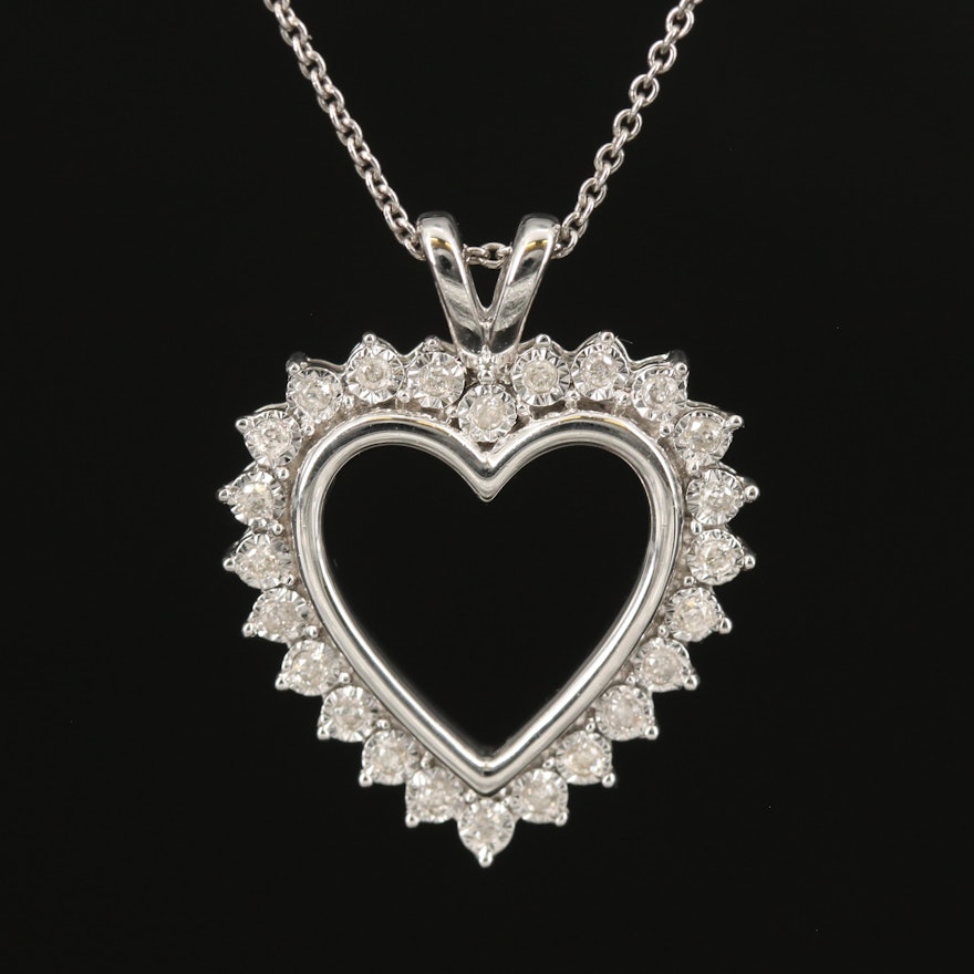 Sterling Illusion Set Diamond Heart Pendant Necklace