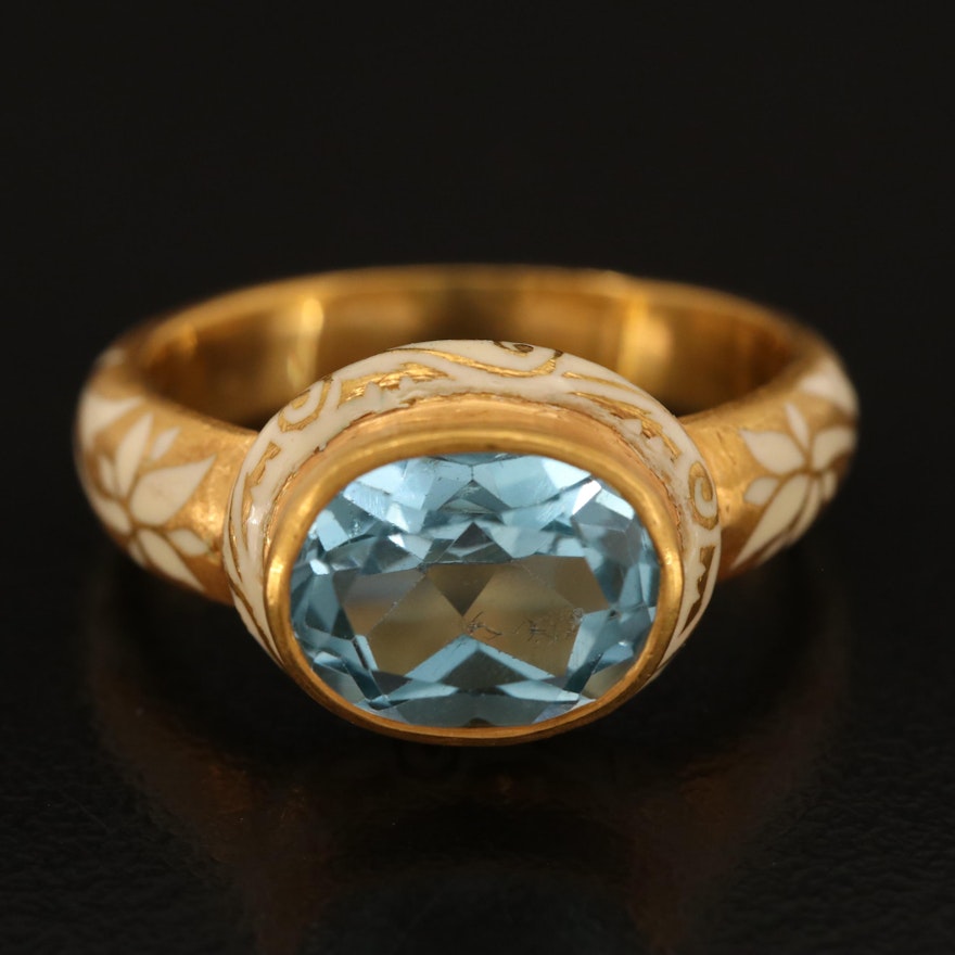 18K East-West Sky Blue Topaz Ring with Enamel Floral and Scrollwork Detail
