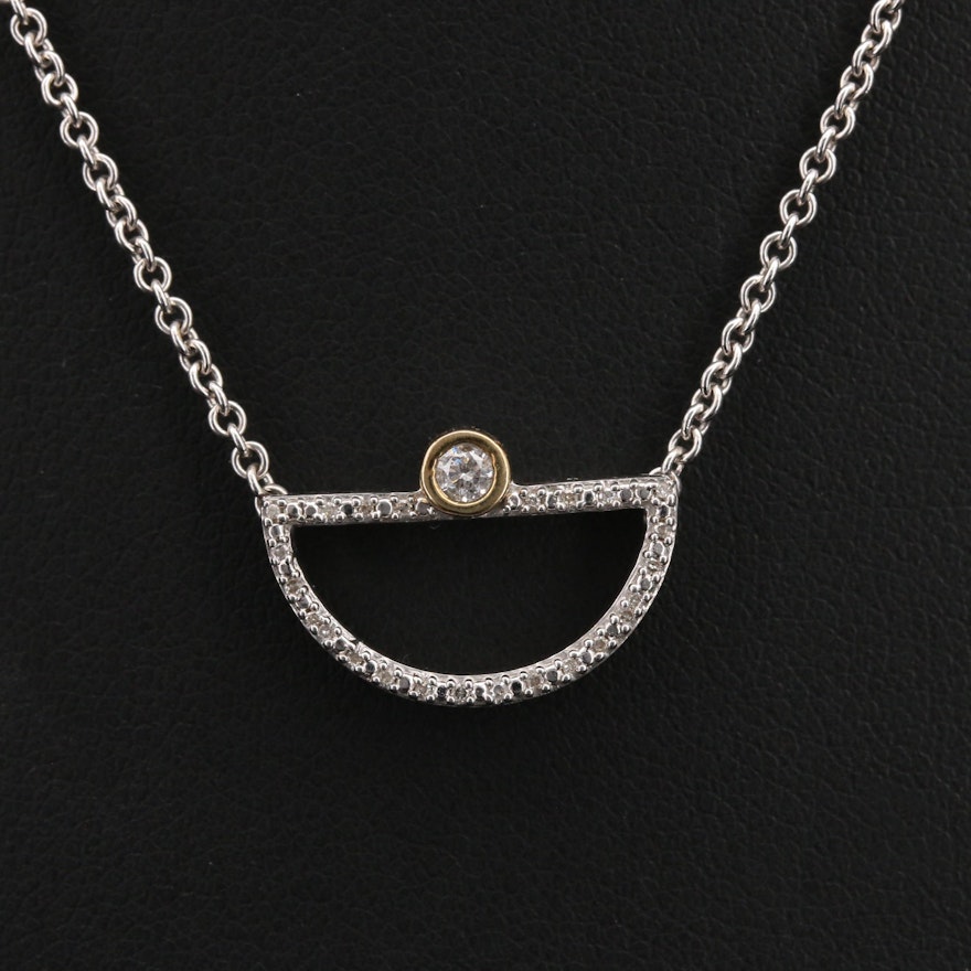 Sterling Diamond Half Circular Pendant Necklace with 10K Accent