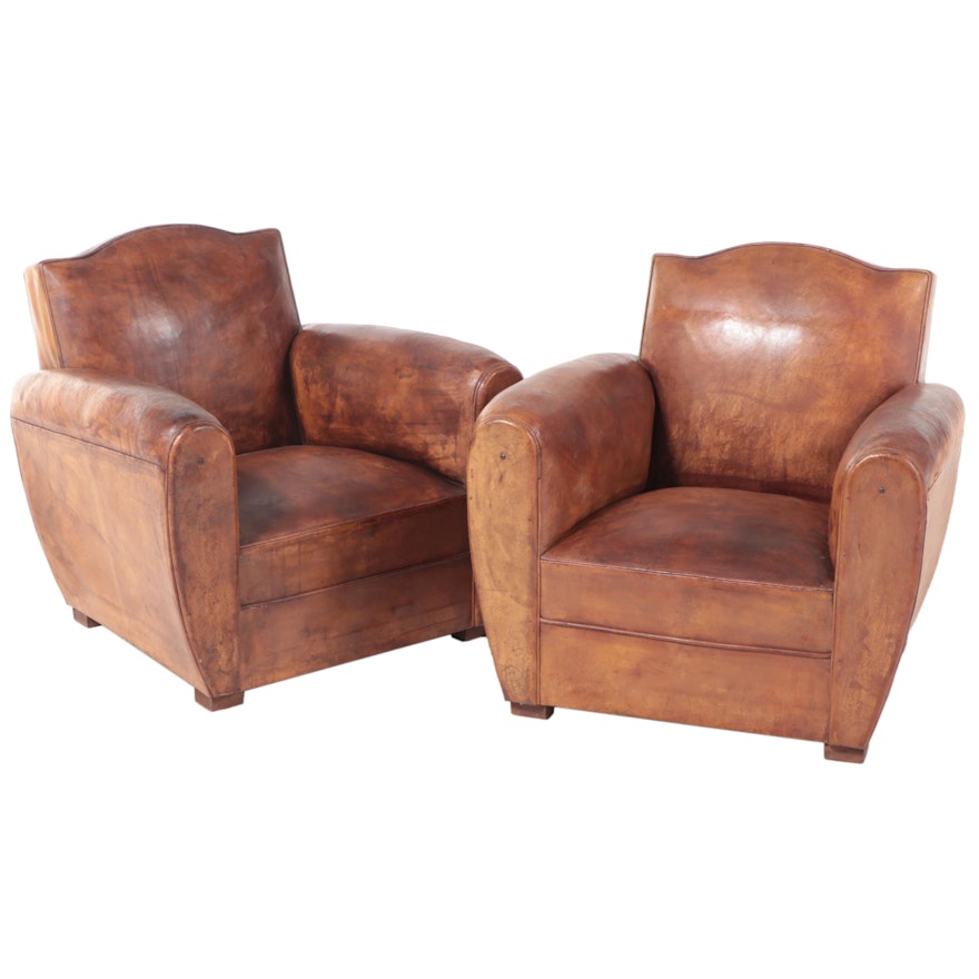 Pair of Parisienne Art Deco Leather Lounge Chairs, Early to Mid 20th Century
