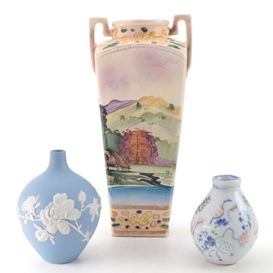 Wedgwood Jasperware Vase with Other Hand-Painted Ceramic Vases