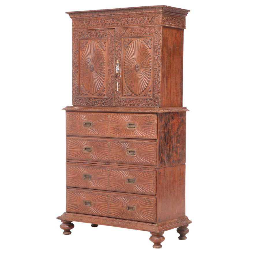 Anglo-Indian Carved Hardwood Secretary, Mid to Late 19th Century