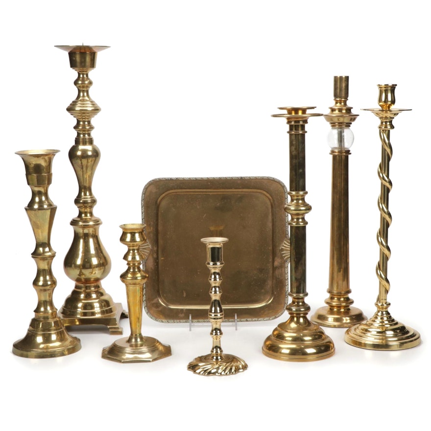 Decorative Craft Inc. Brass Candlesticks and Tray