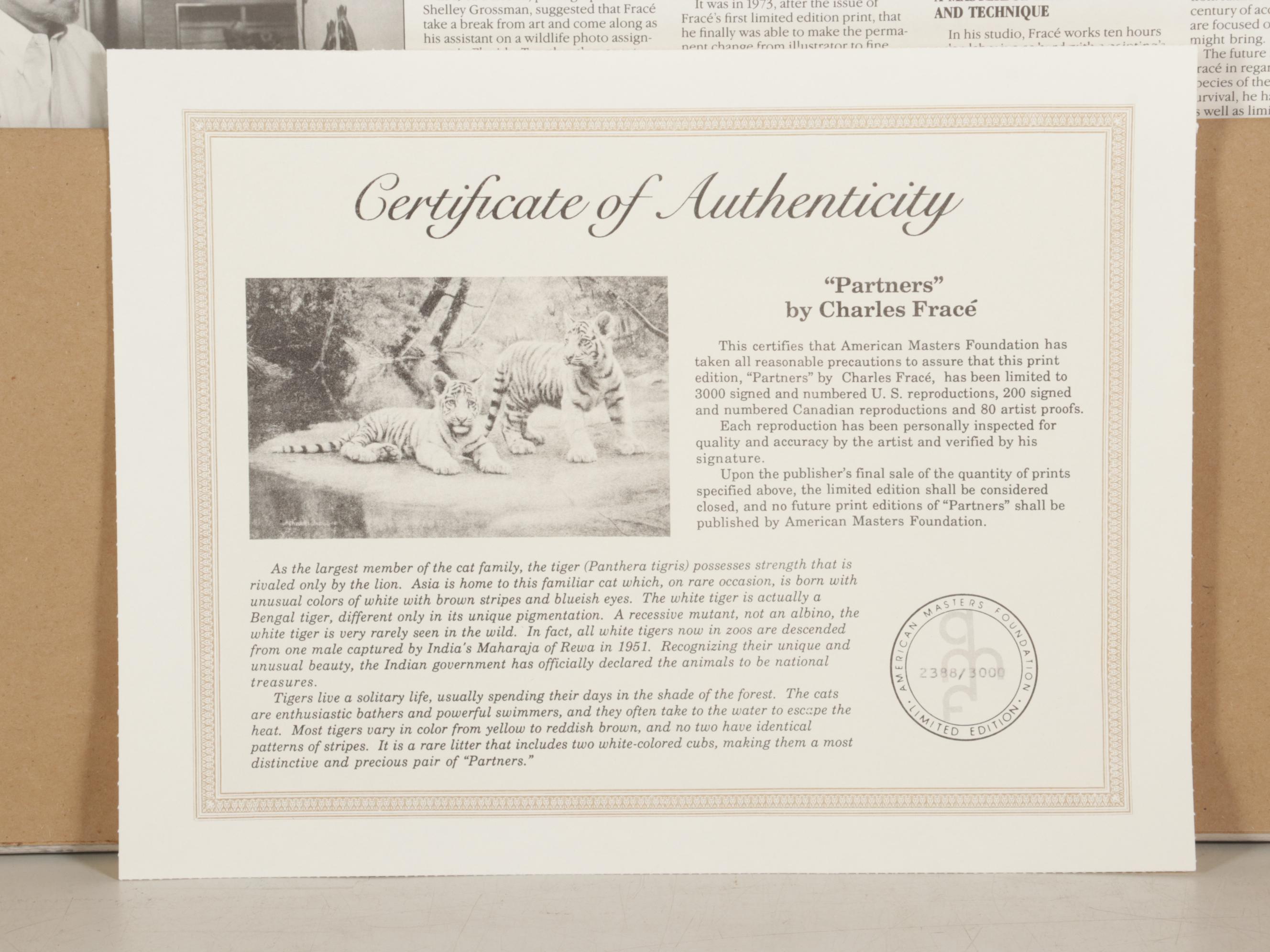 Charles Fracé White Tiger Cubs Offset Lithograph "Partners," 1990