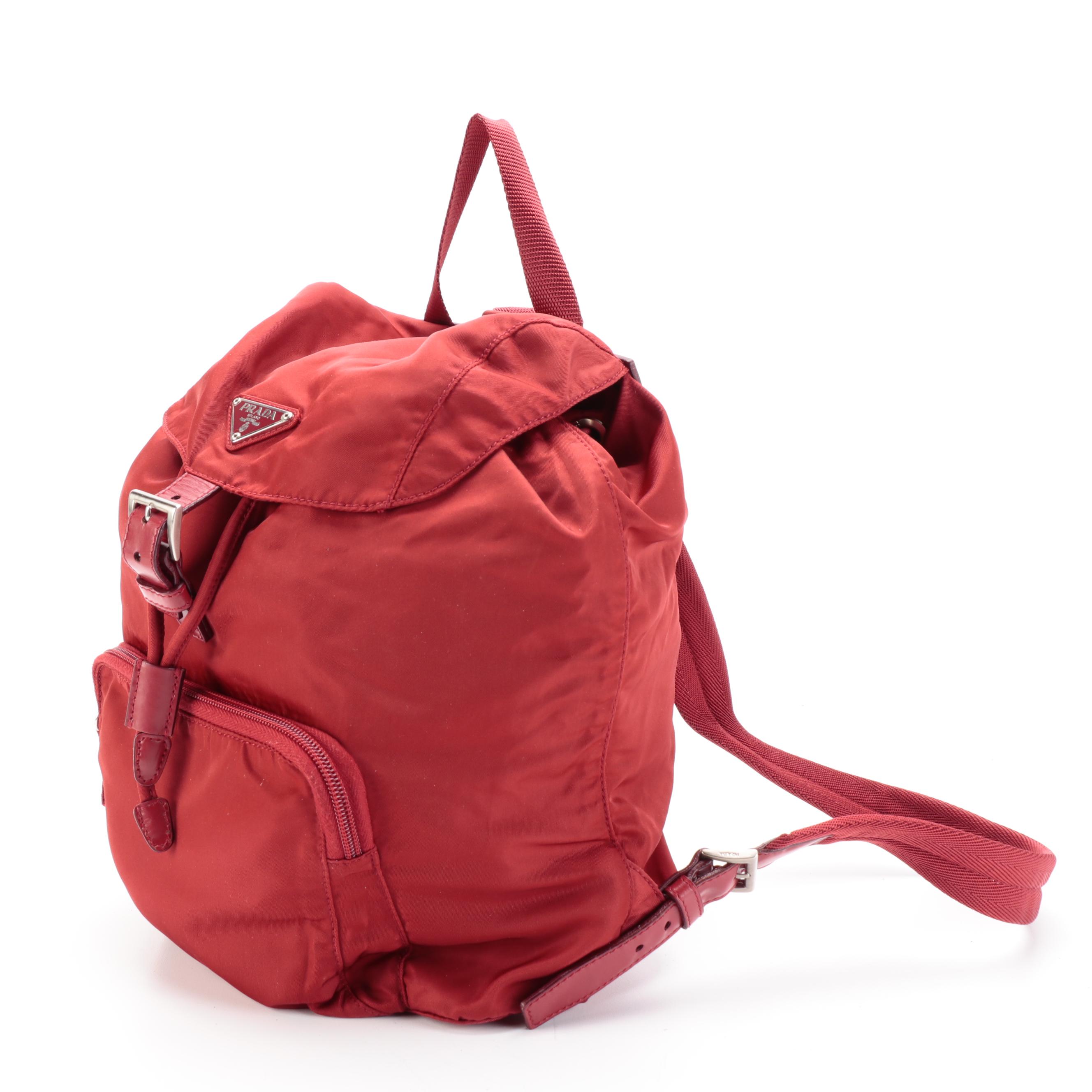 Prada Red Tessuto Nylon Backpack Purse with Leather Trim