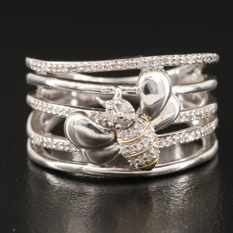 Sterling Diamond Multi-Row Honeybee Ring with 10K Accents