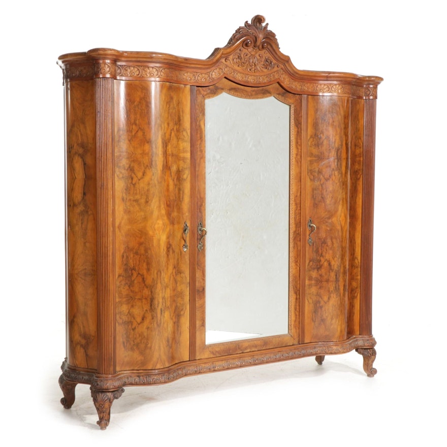 Louis XV Style Carved and Figured Walnut-Veneered Mirrored Armoire