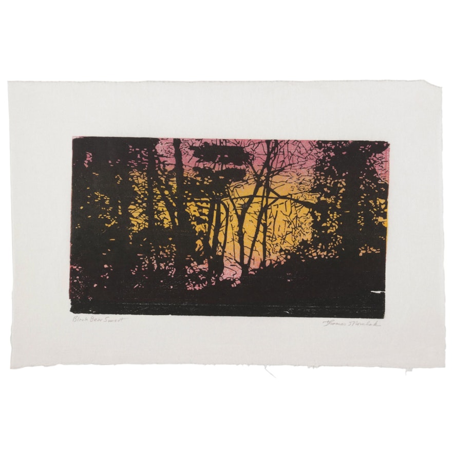 Thomas Norulak Woodcut "Black Bear Sunset," 2017