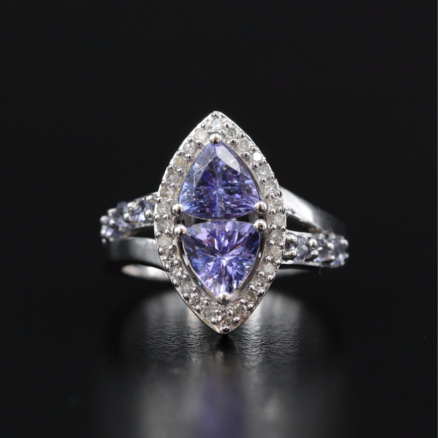 Sterling Silver Tanzanite and Diamond Navette Ring