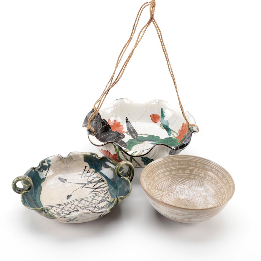 Japanese and Korean Pottery Bowls and Lotus Motif Hanging Planter