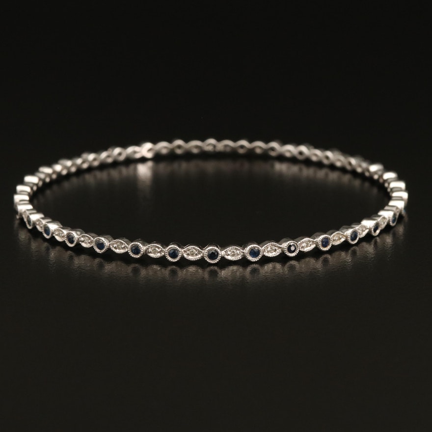 14K Sapphire and Diamond Bangle with Milgrain Borders