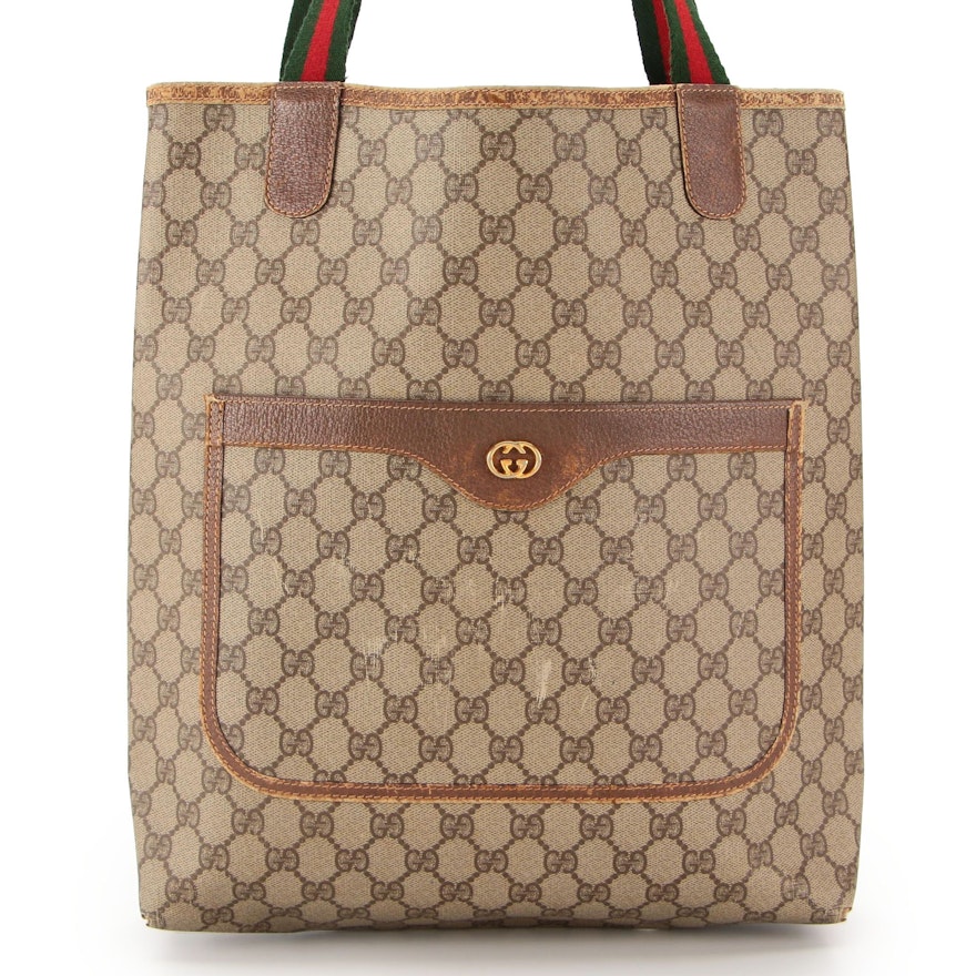 Gucci Tall Tote Bag in GG Supreme Canvas with Web Strap and Leather Trim