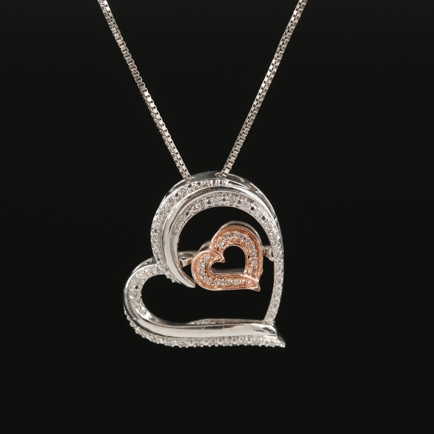 Sterling Diamond Double Heart Necklace with Fluttering 10K Rose Gold Accent
