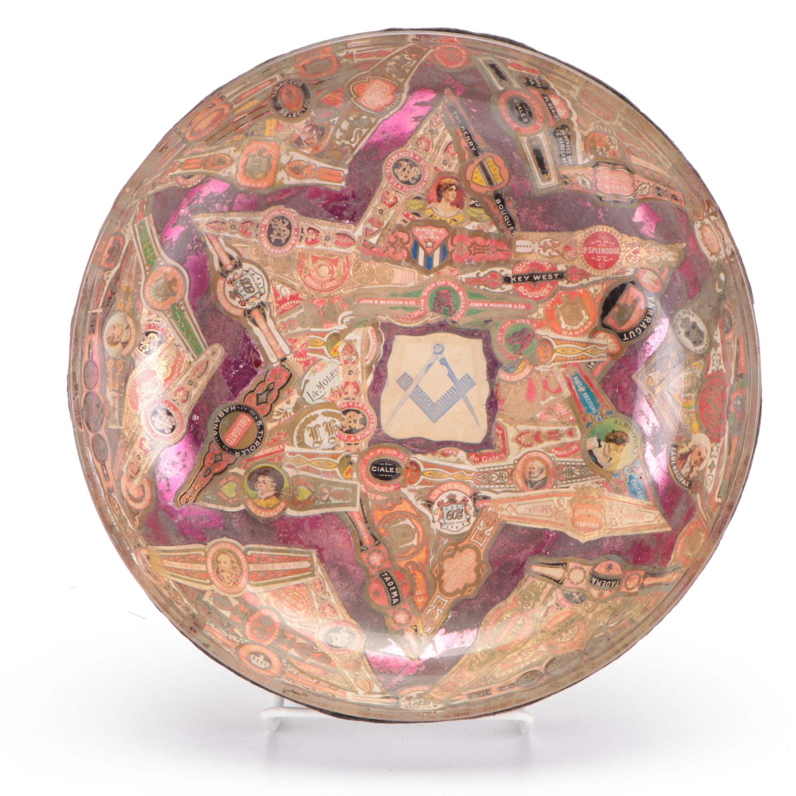 Cigar Band and Postage Stamp Decoupage Ashtrays, Vase, Bowls, and Plaque