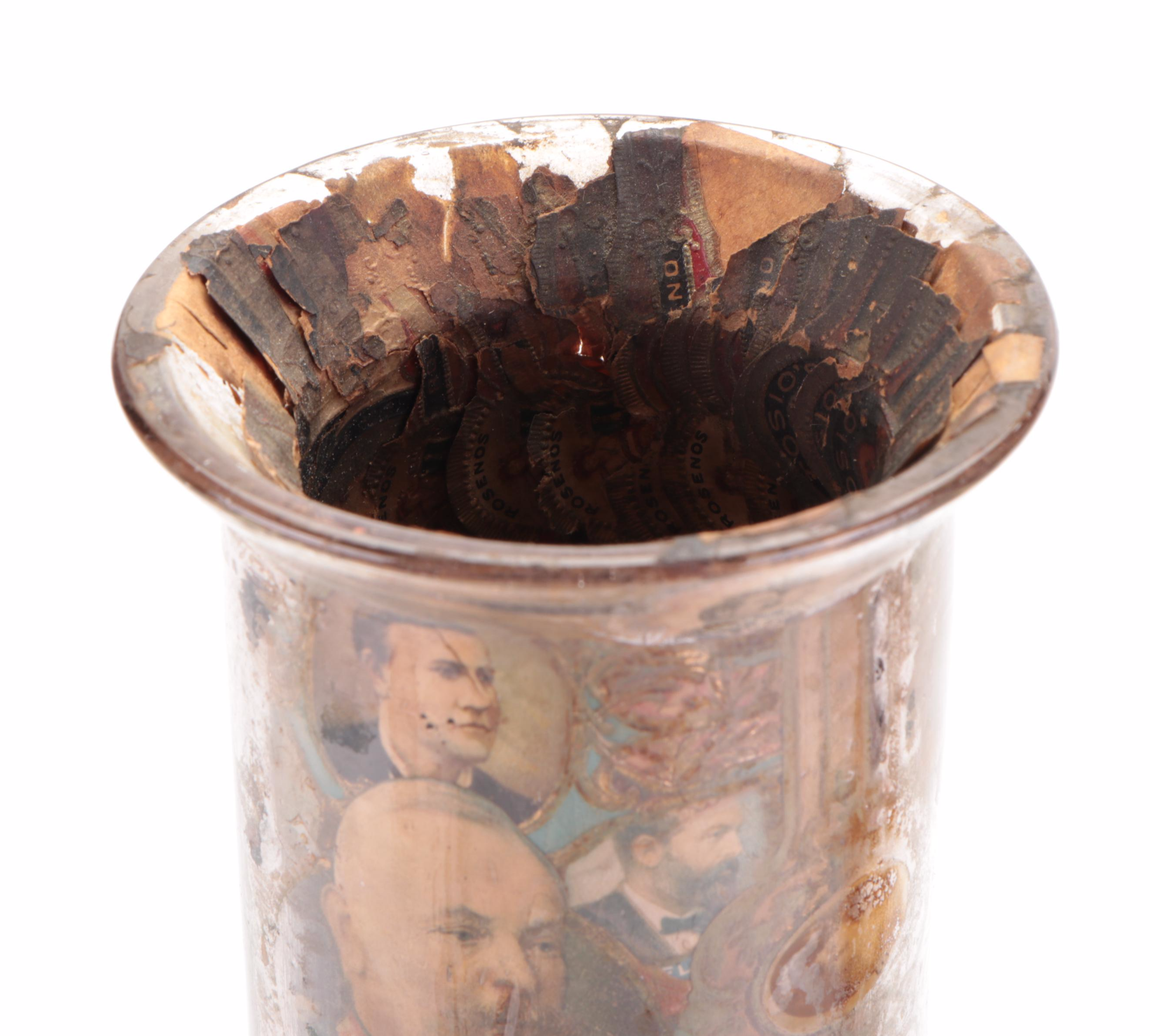 Cigar Band and Postage Stamp Decoupage Ashtrays, Vase, Bowls, and Plaque