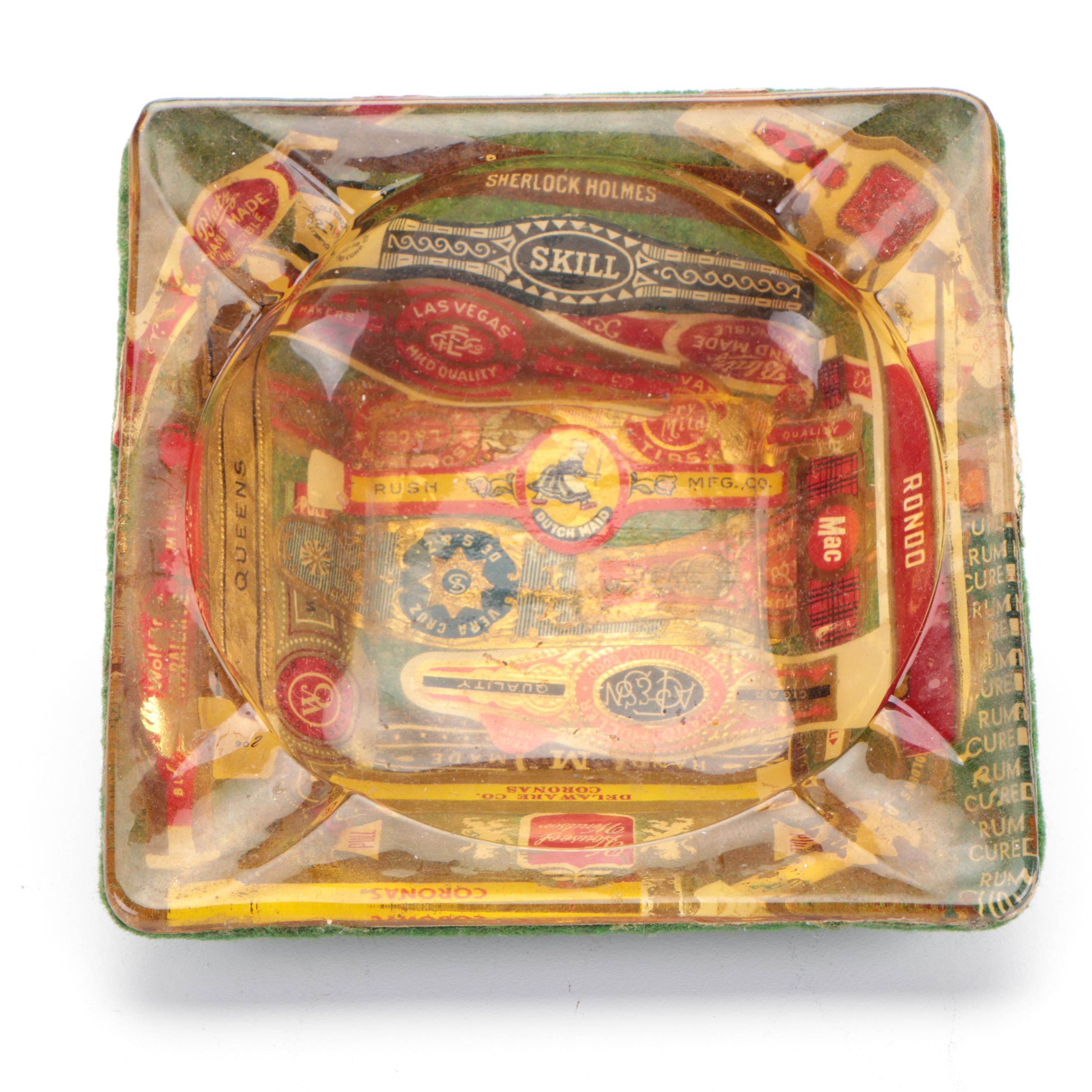 Cigar Band and Postage Stamp Decoupage Ashtrays, Vase, Bowls, and Plaque