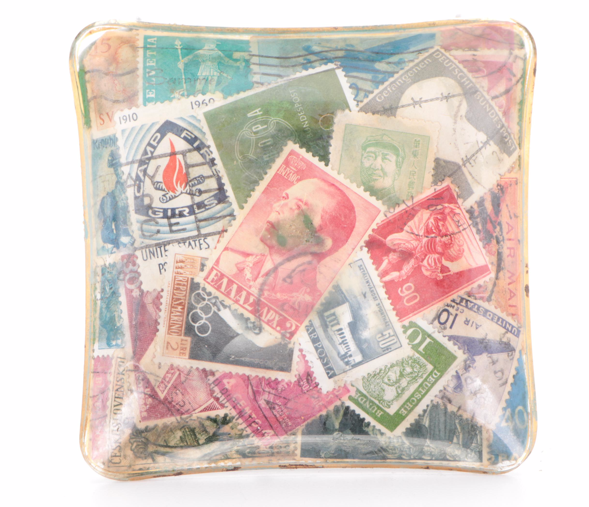 Cigar Band and Postage Stamp Decoupage Ashtrays, Vase, Bowls, and Plaque