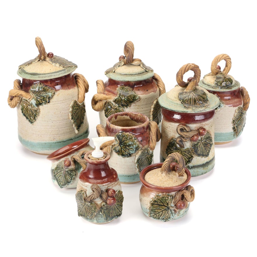 Sally Douglas Hand Thrown Grape Vine Earthenware Jars and Soap Dispenser