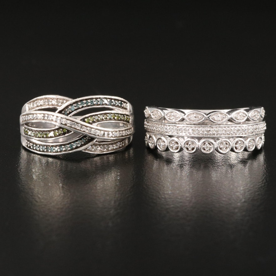 Sterling Silver Diamond Crossover and Three Row Rings