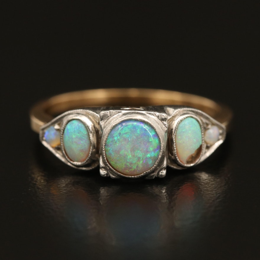 1940s 14K and Palladium Opal Ring with 10K Shoulders and Milgrain Detail