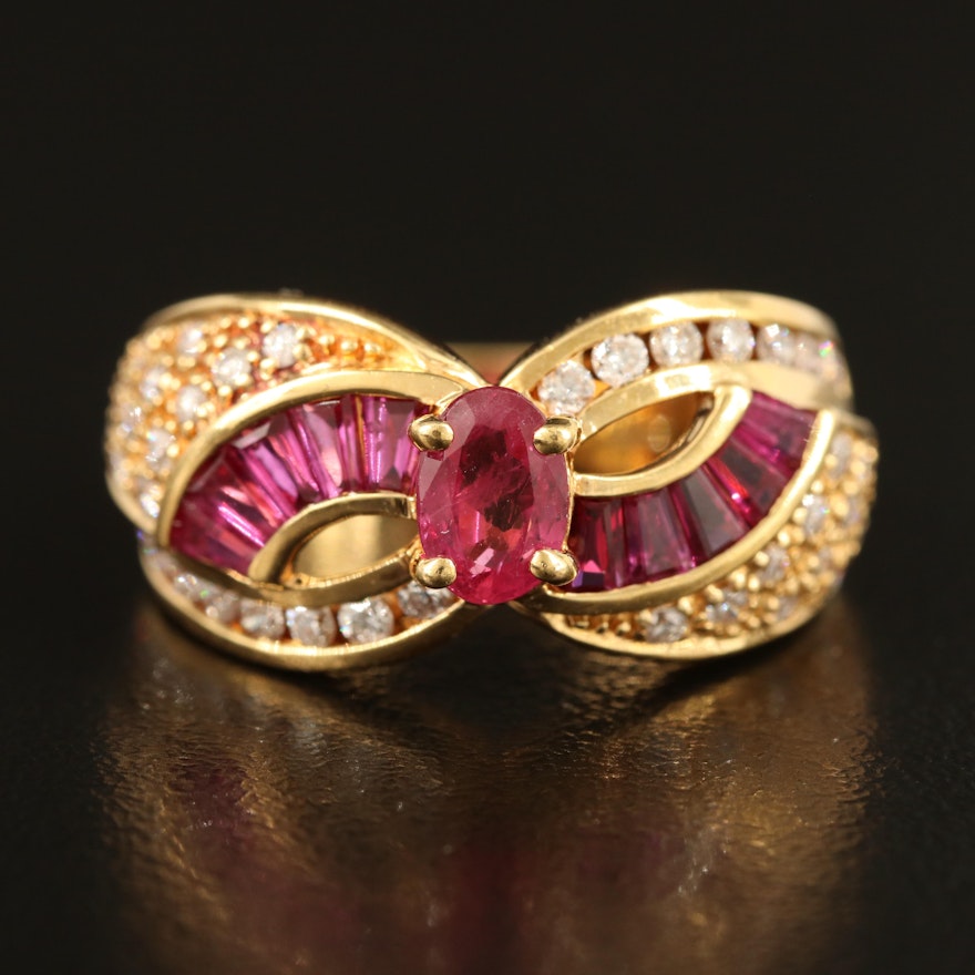 18K Ruby and Diamond Ring with Bypass Style Shoulders