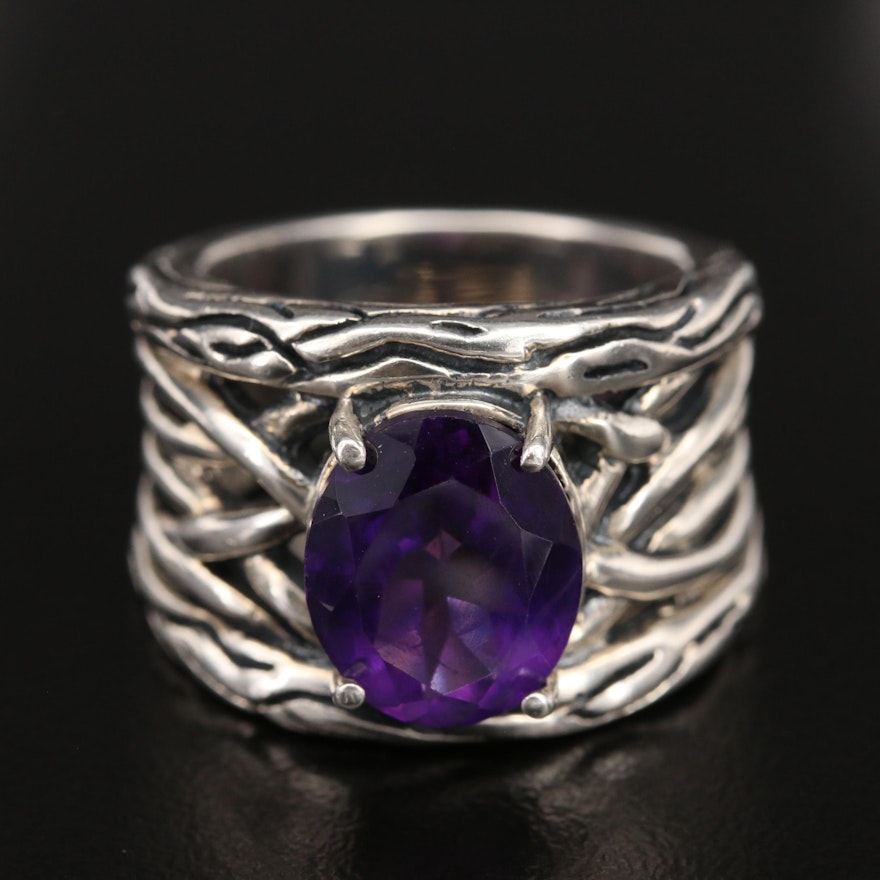 Sterling Silver Amethyst Ring with Woven Openwork Shoulders