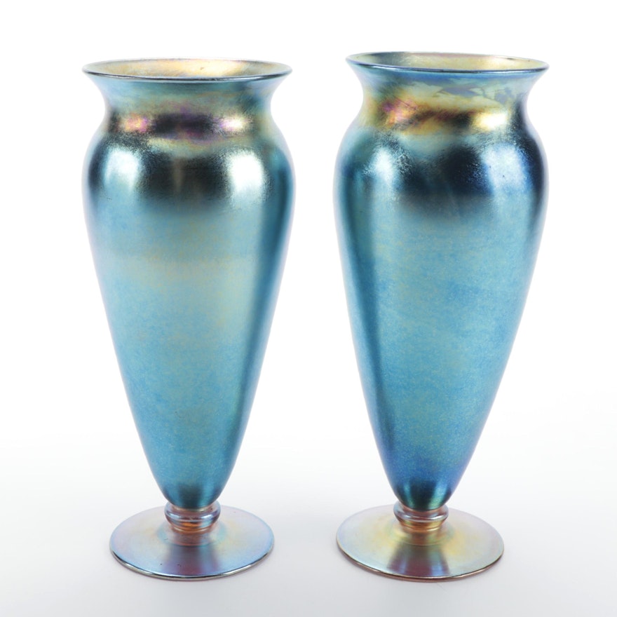 Pair of Durand Iridescent Art Glass Trumpet Vases, Early to Mid-20th Century