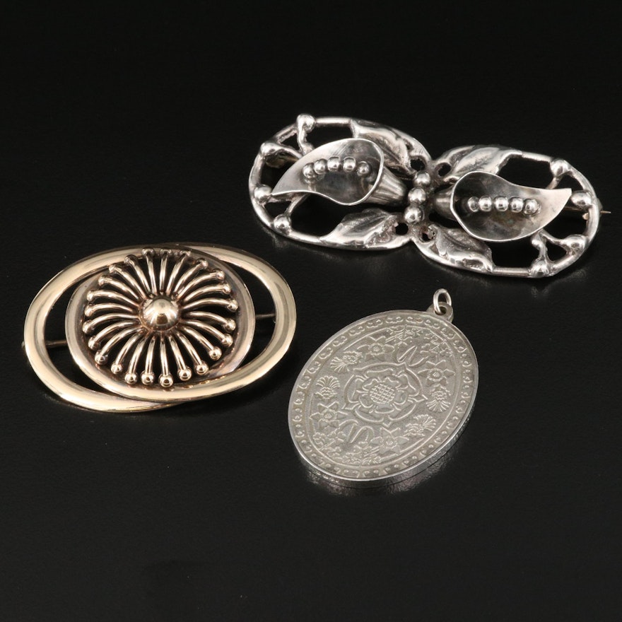 Silver Jubilee Floral Engraved Pendant and Brooches with 14K Accent