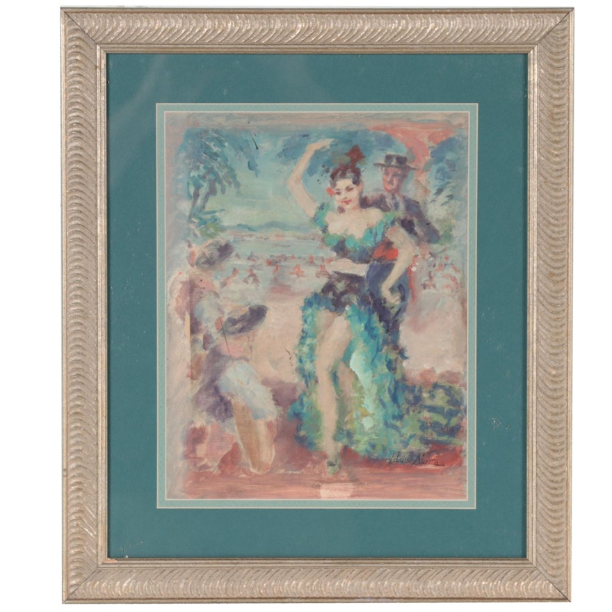 Figurative Oil Painting of Stylized Flamenco Scene, 1930s