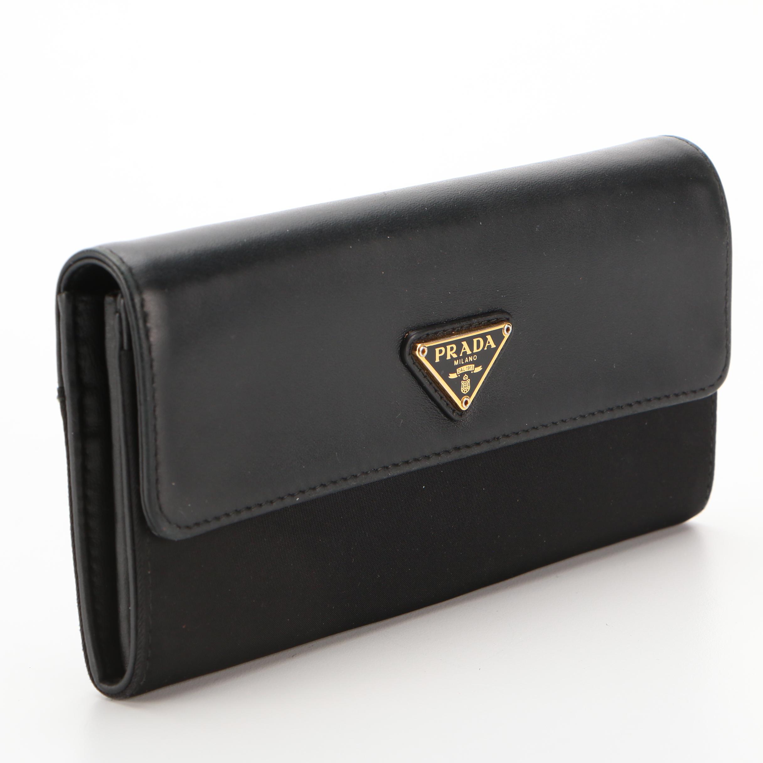 Prada Snap Long Wallet in Black Leather and Tessuto Nylon