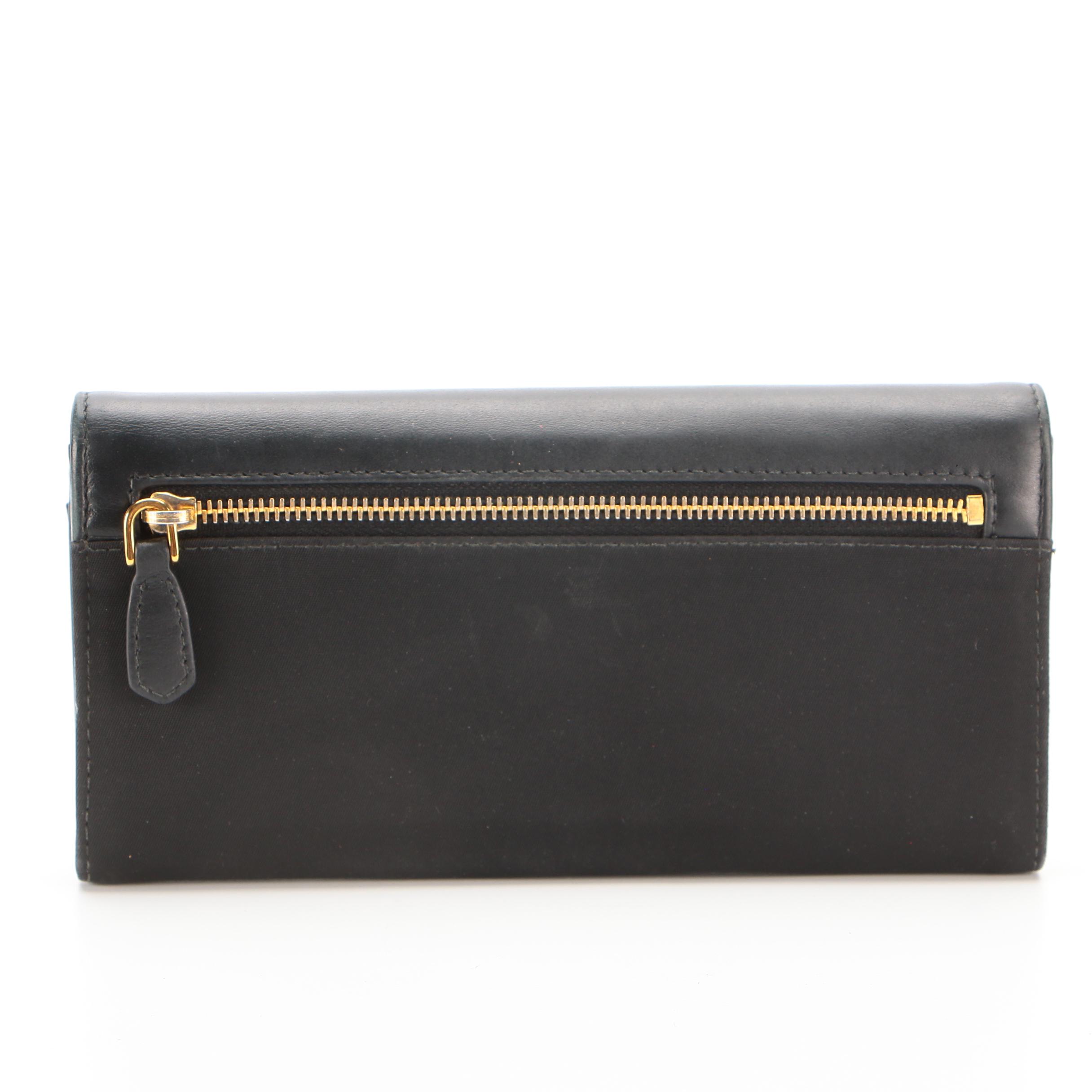 Prada Snap Long Wallet in Black Leather and Tessuto Nylon