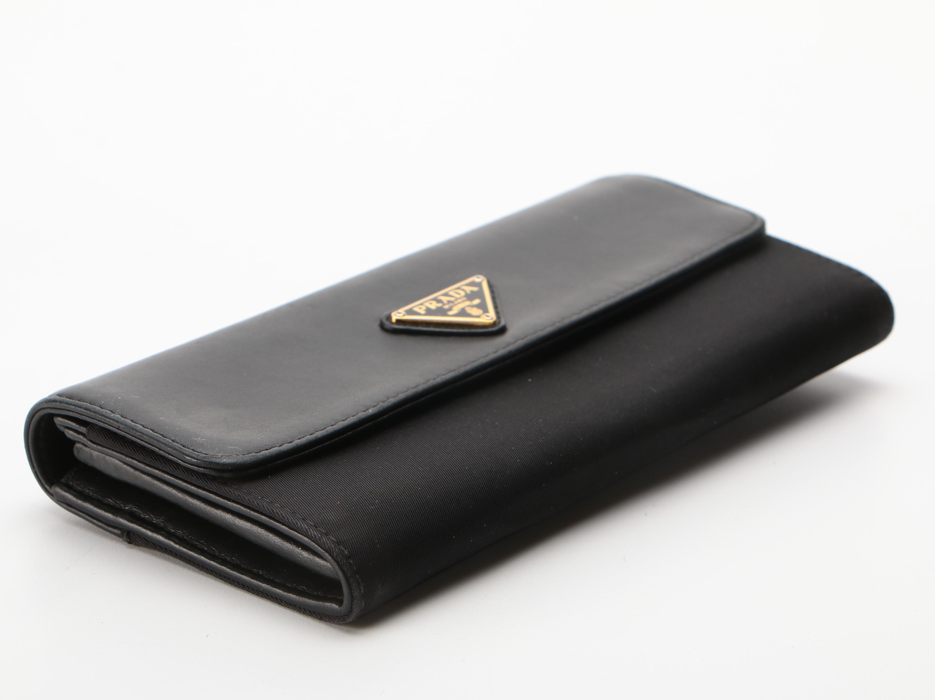 Prada Snap Long Wallet in Black Leather and Tessuto Nylon