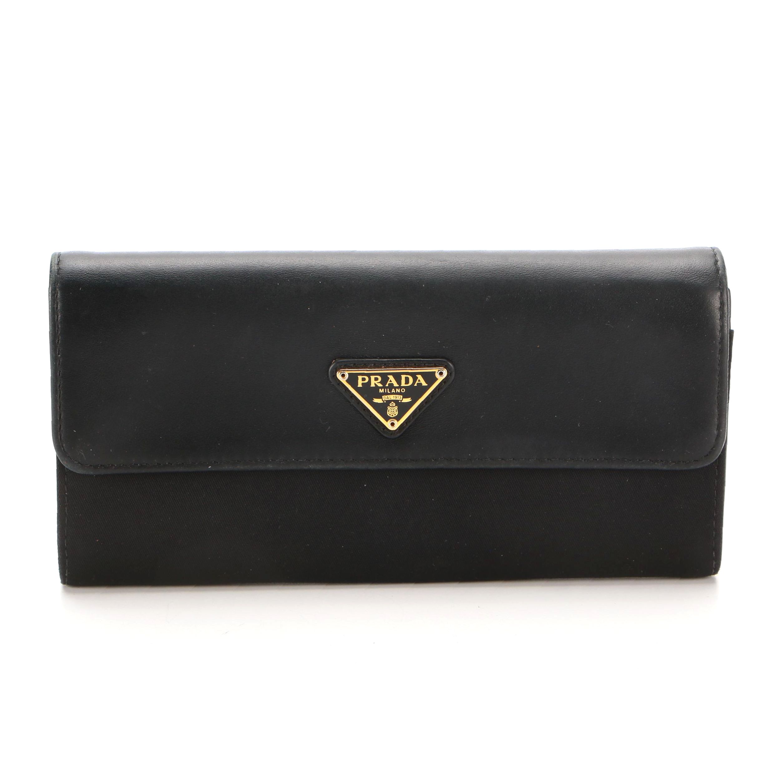 Prada Snap Long Wallet in Black Leather and Tessuto Nylon
