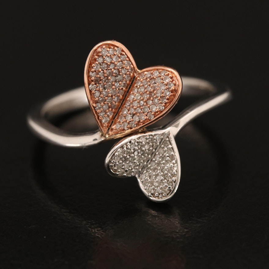 Sterling Diamond Heart Bypass Ring with 10K Rose Gold Accent