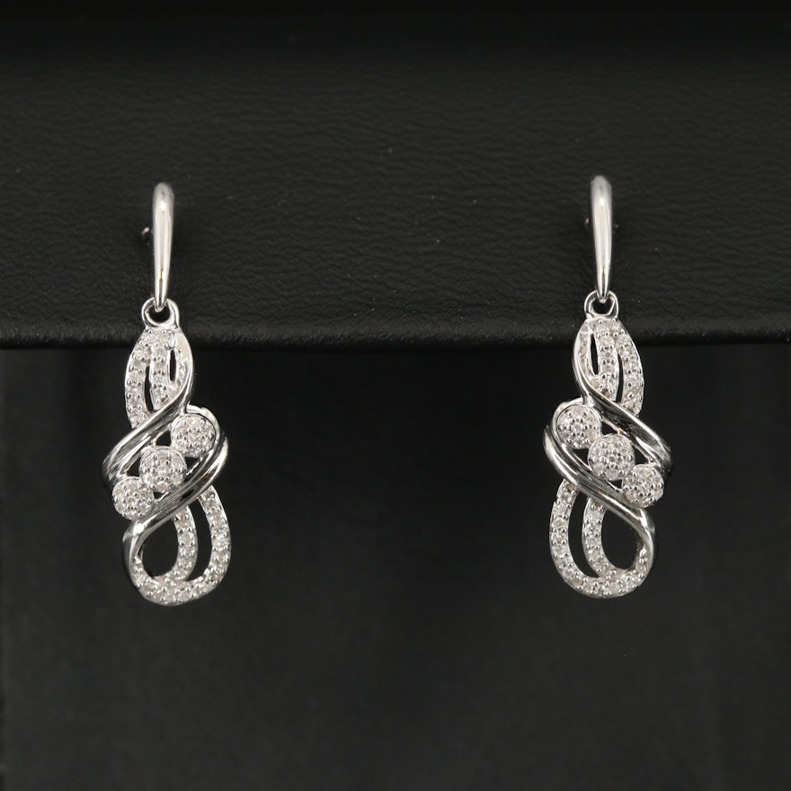 Sterling Silver Diamond Scroll Drop Earrings