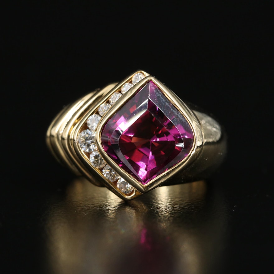 18K Rhodolite Garnet and Diamond Asymmetrical Ring with Fluted Shoulder
