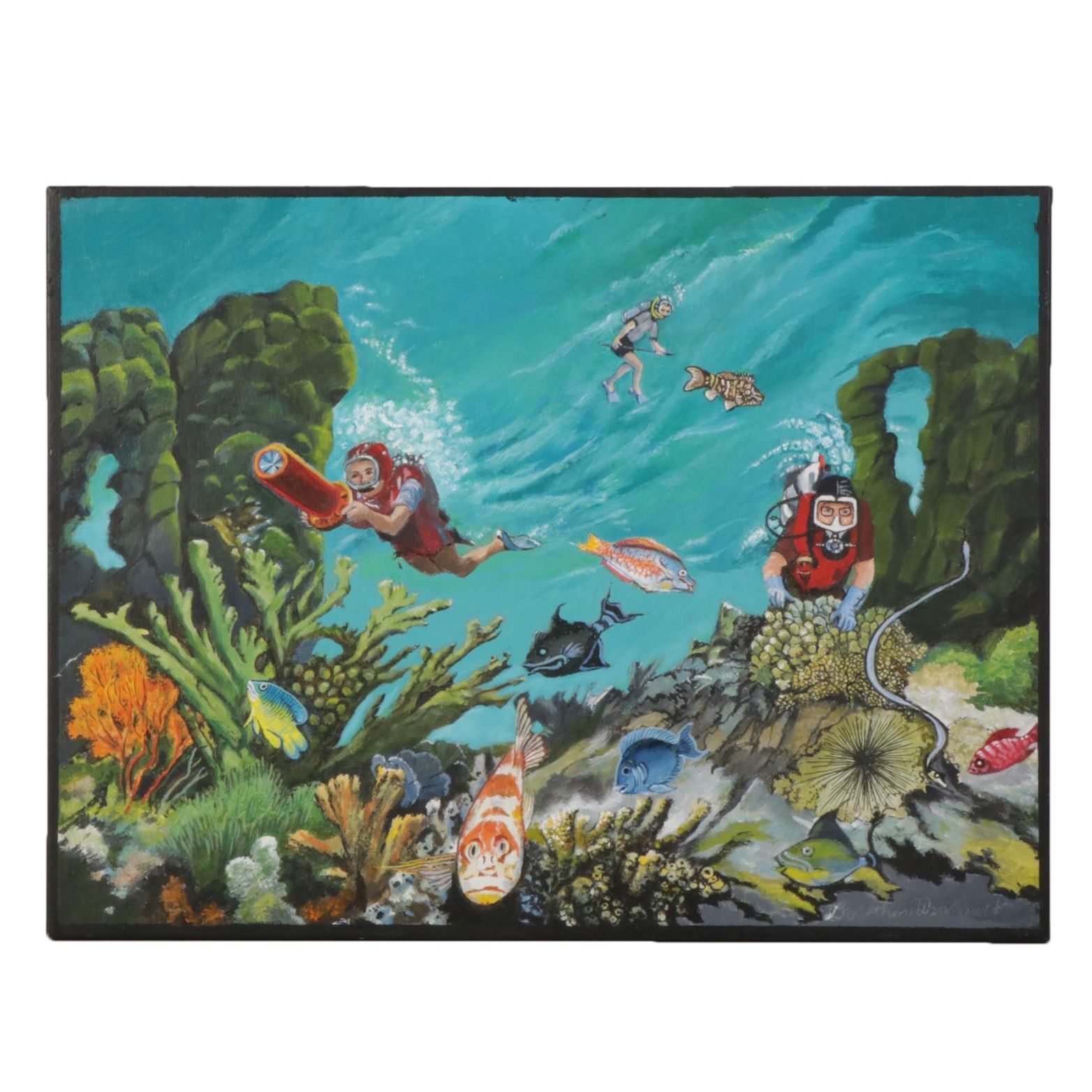 Dorothea S. Wendtlandt Oil Painting "Three Divers in a Good Place," Circa 2000