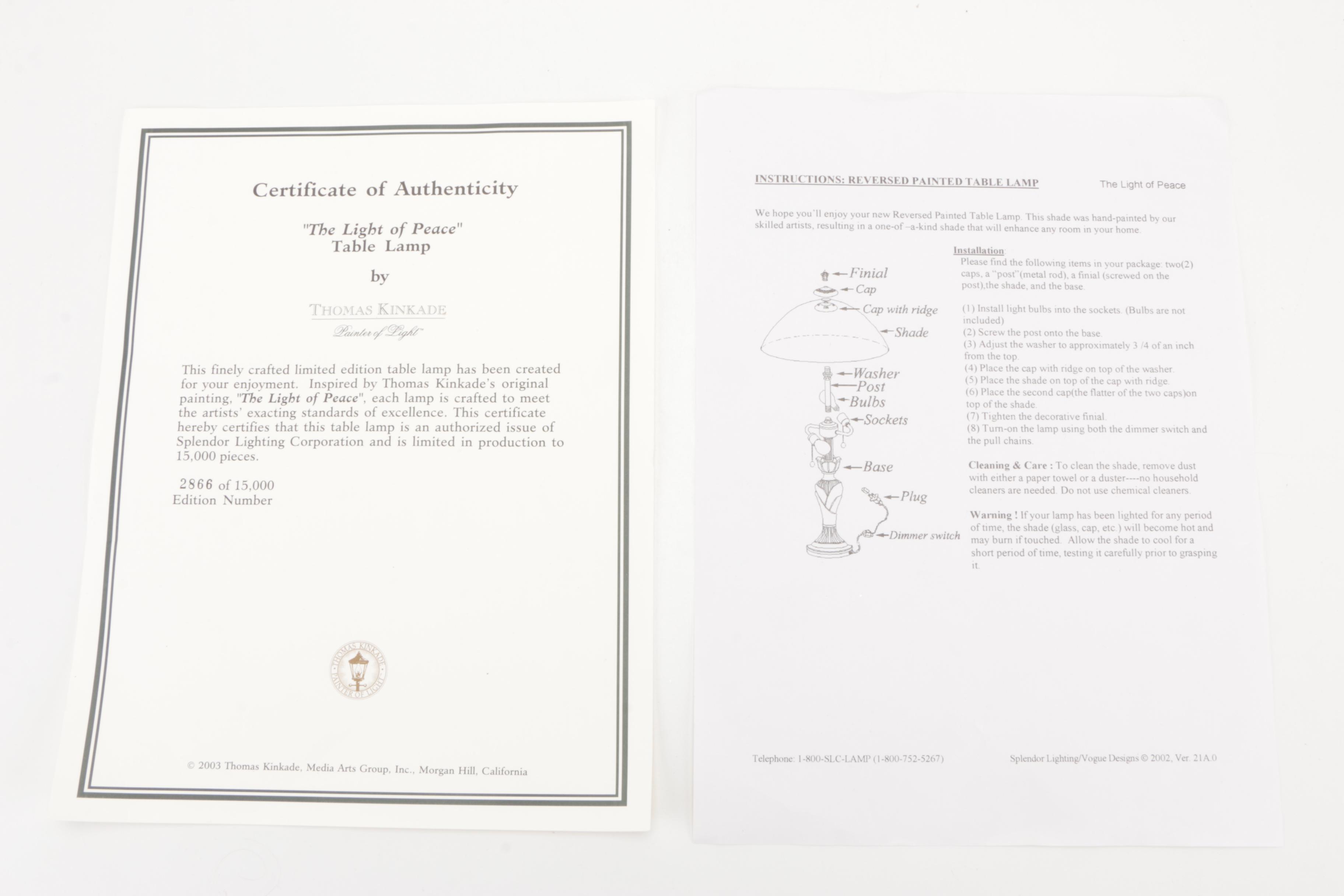 Thomas Kinkade "Light of Peace" Limited Edition Table Lamp with Offset Lithos