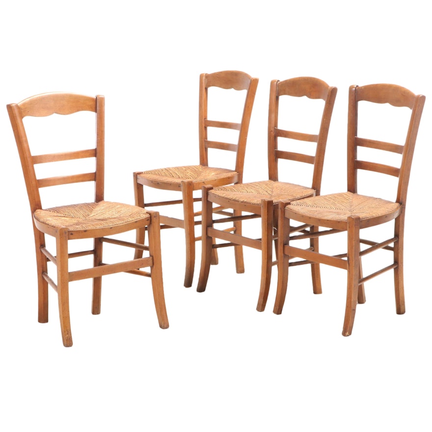 Four French Provincial Beech Side Chairs with Rush Seats