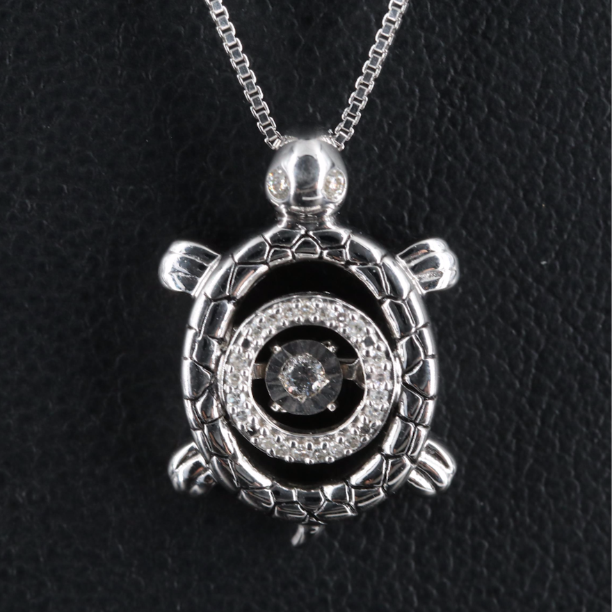 Sterling Diamond Turtle Pendant Necklace with Floating Diamond