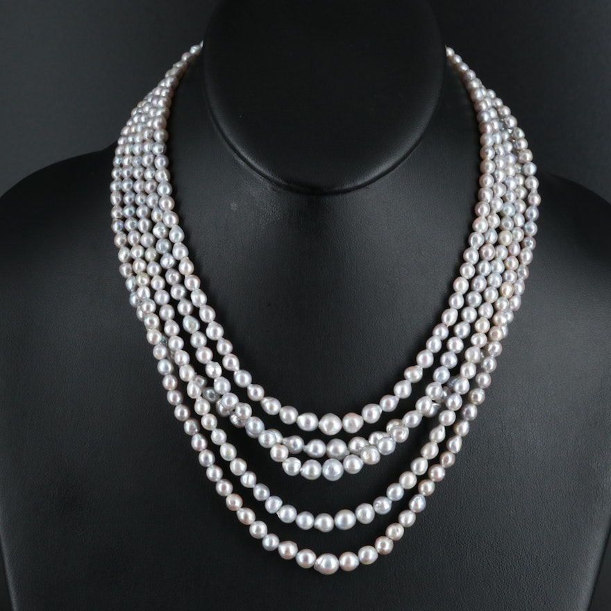 Graduated Pearl Multi-Strand Necklace with Sterling Flower Clasp