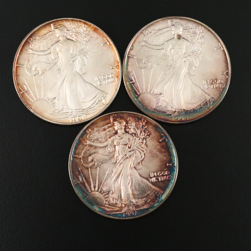 Toned 1991 American Silver Eagle Bullion Coins