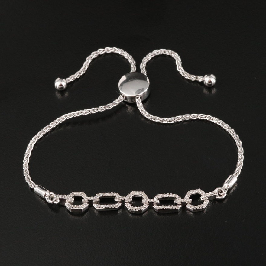 Sterling Silver Diamond Fancy Link Bolo Bracelet