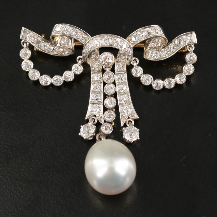 Edwardian 18K 2.14 CTW  Diamond and Pearl Drop Bow Brooch with Platinum Top