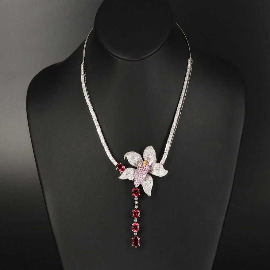 18K 7.50 CTW Diamond, Rubellite, Sapphire and Ruby Orchid Necklace