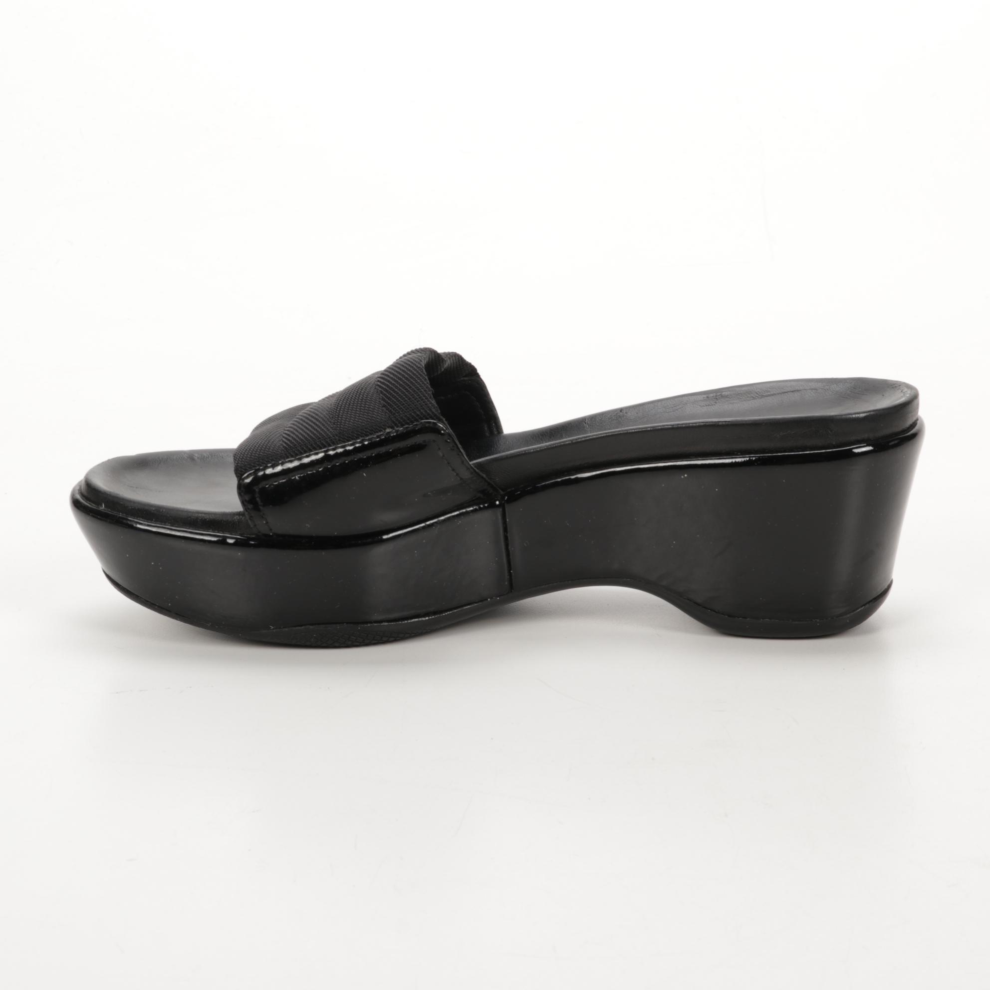 Prada Black Nylon and Patent Leather Wedge Slides
