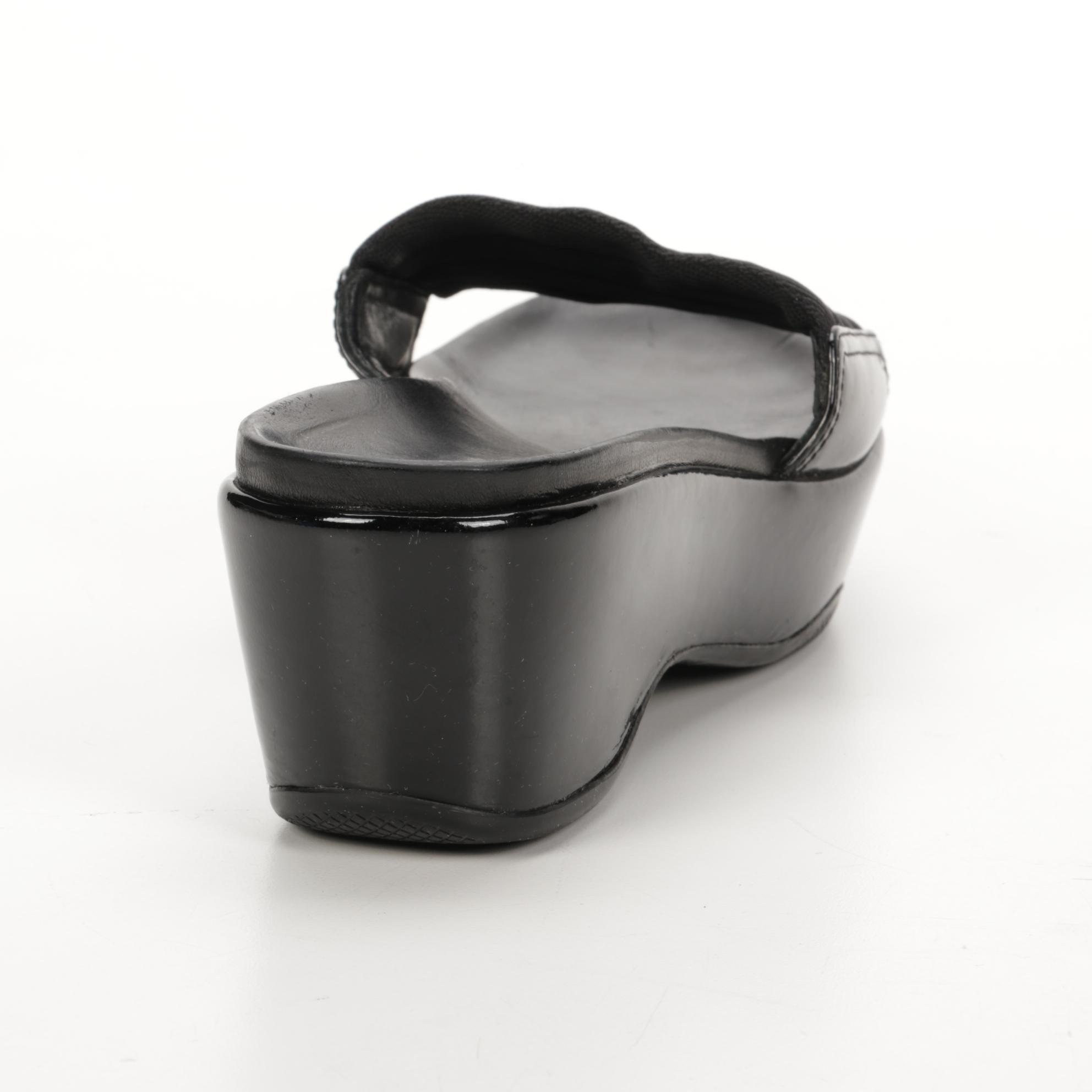 Prada Black Nylon and Patent Leather Wedge Slides