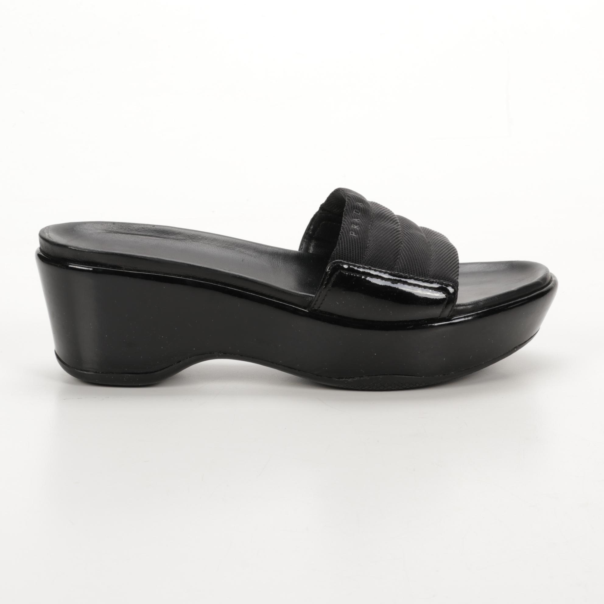 Prada Black Nylon and Patent Leather Wedge Slides