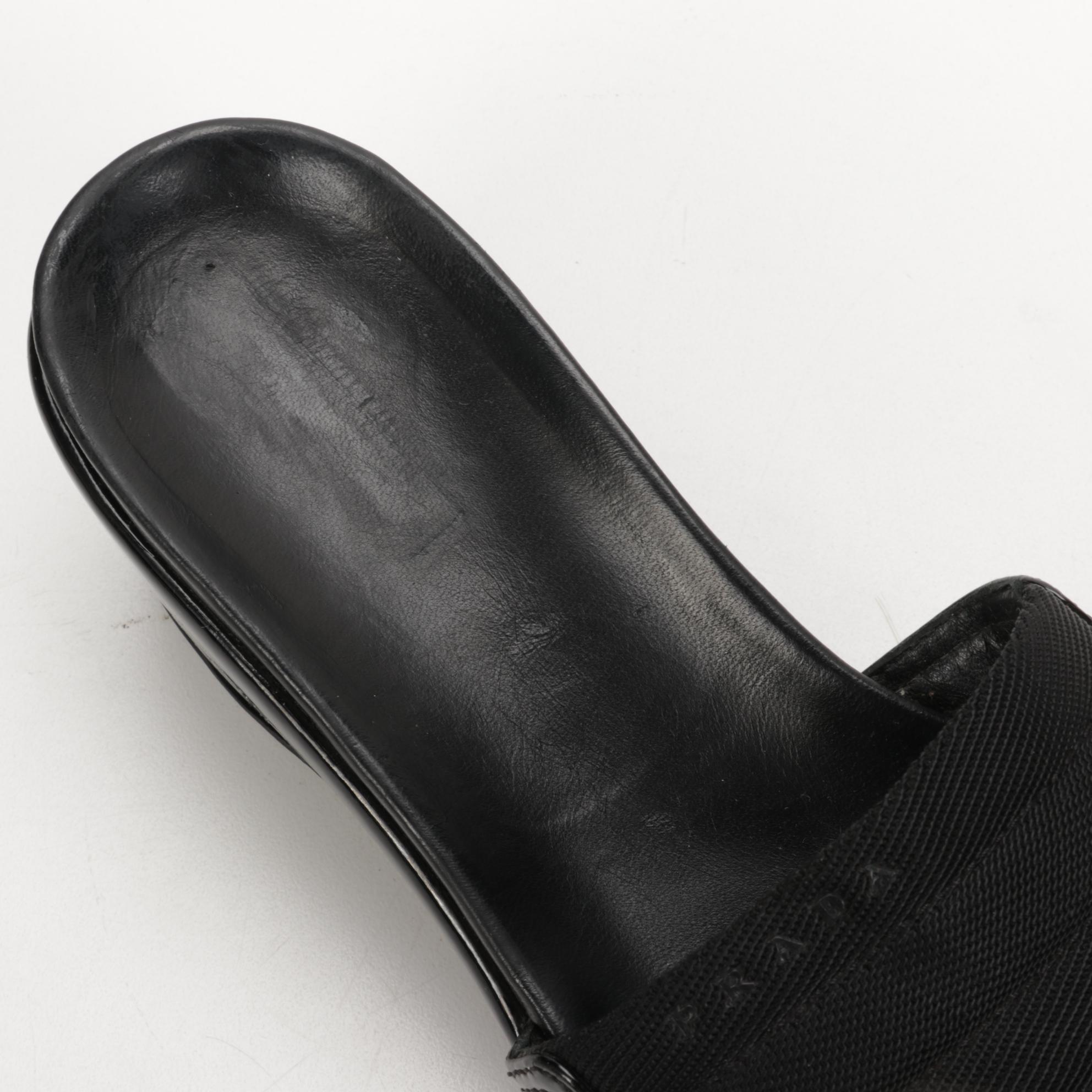 Prada Black Nylon and Patent Leather Wedge Slides