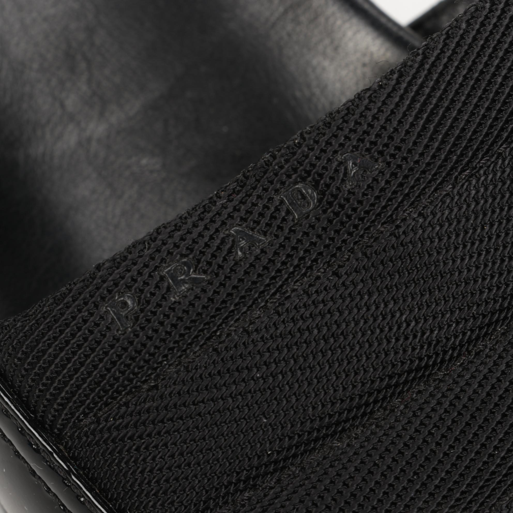 Prada Black Nylon and Patent Leather Wedge Slides